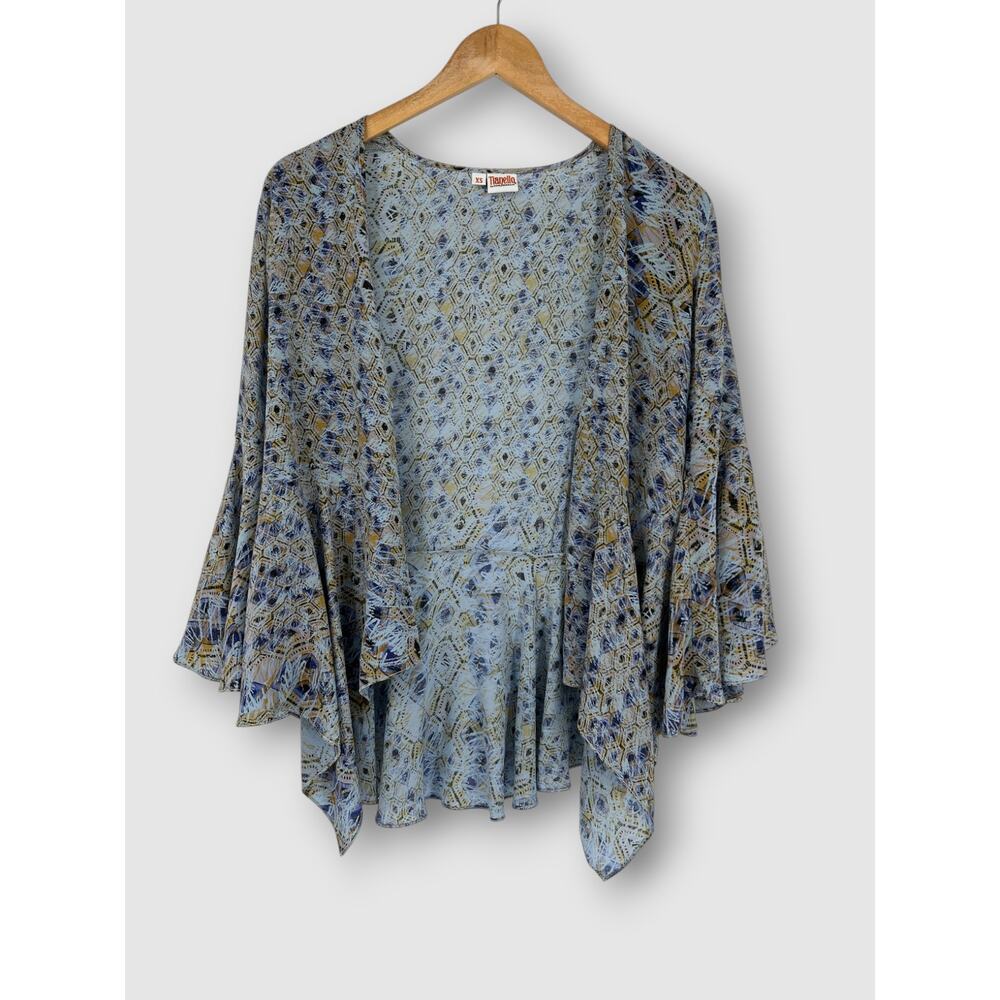 Tianello by Steve Barraza 100% Silk Geometric Print Blouse Bell Sleeve Size XS